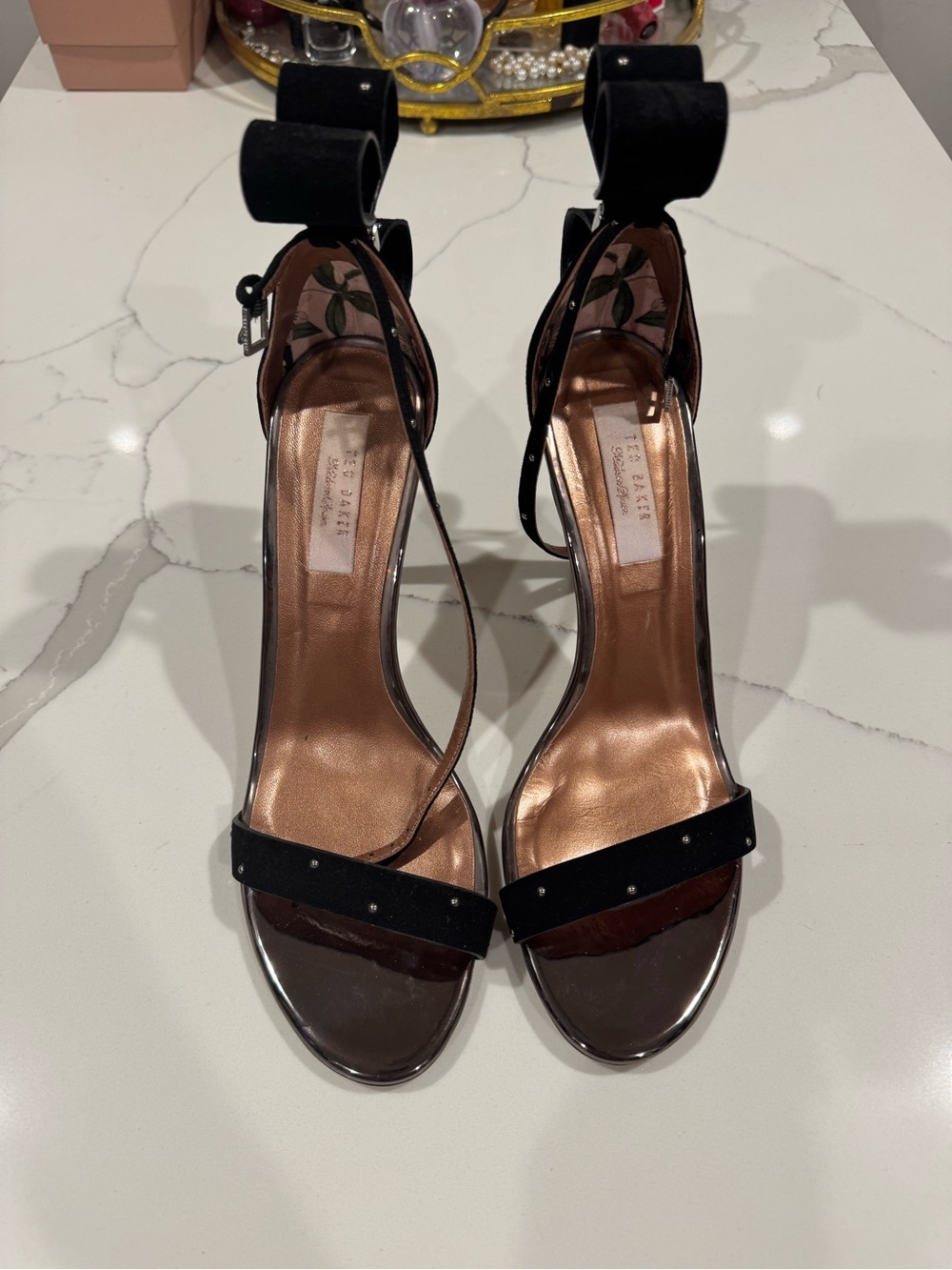 Ted Baker Black Suede Ankle-Strap with Bows High Heels